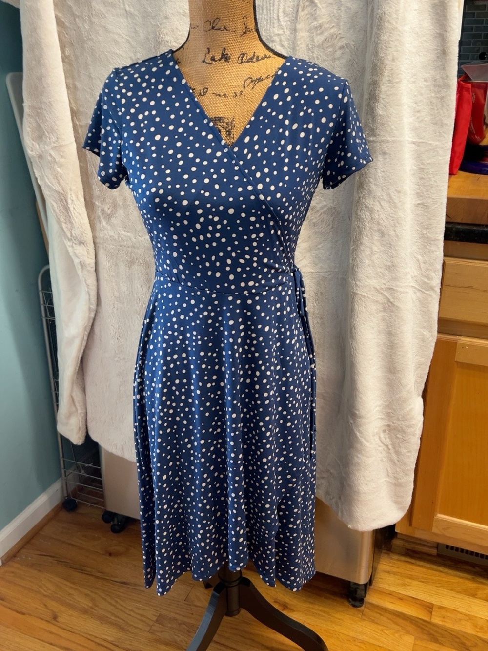 Olivia Grey Blue White Polka Dot Wrap Dress Size S